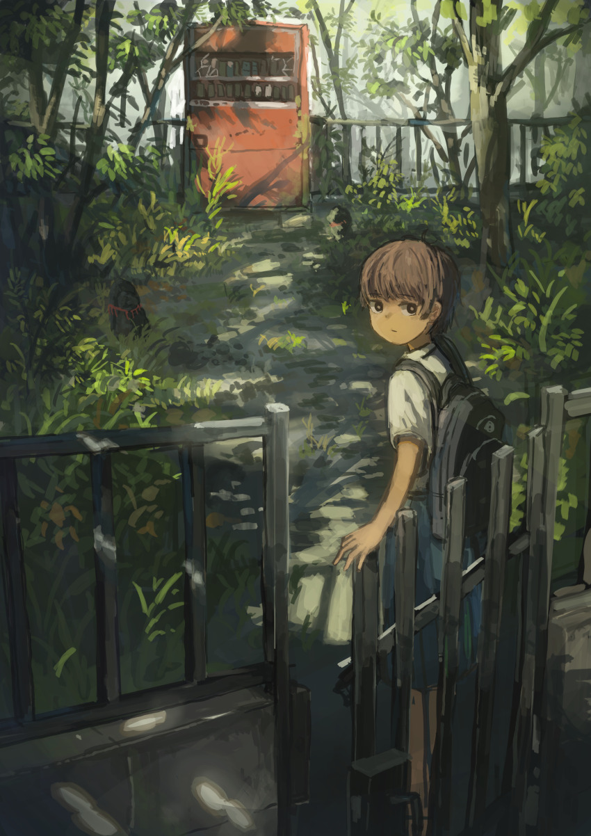 1girl abandoned absurdres anko1127 backpack bag black_bag blue_skirt bright_pupils brown_eyes brown_hair closing commentary_request dappled_sunlight day expressionless fence from_behind gate grass highres iron_fence looking_back original outdoors path pleated_skirt revision road rock rope scenery shimenawa shirt short_sleeves shrine skirt solo standing sunlight tree vending_machine white_shirt