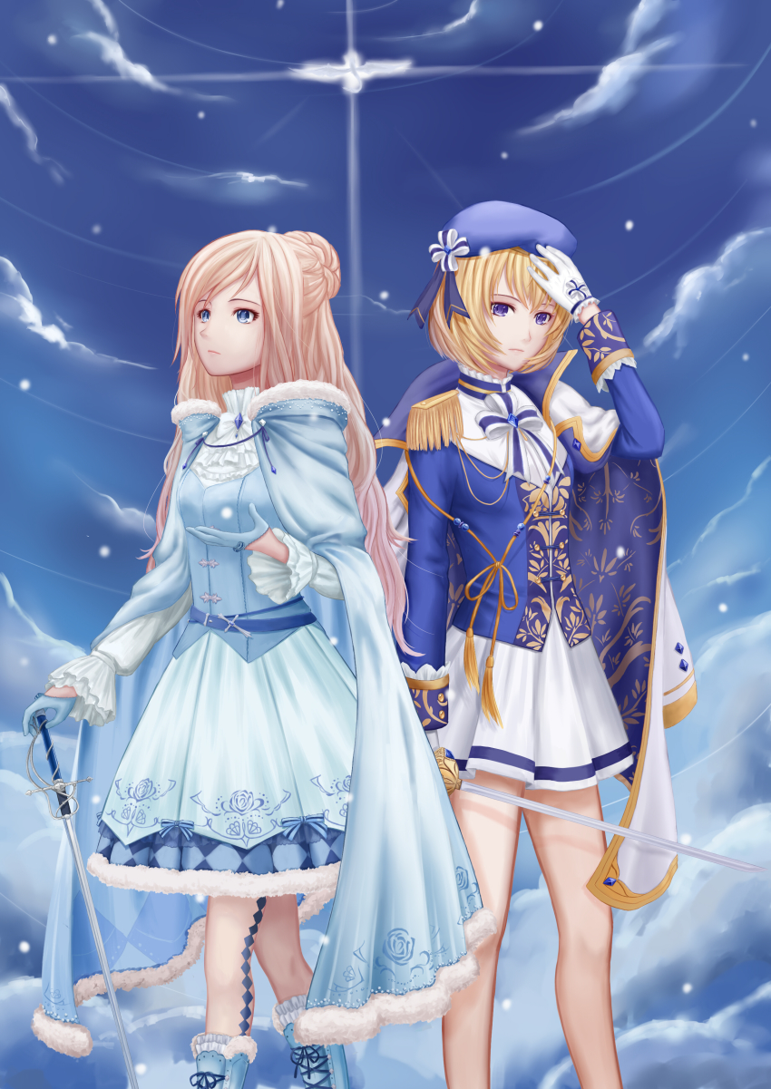 2girls absurdres blonde_hair blue_eyes blue_footwear blue_gloves blue_hat boots character_request commentary_request gloves hat highres holding holding_sword holding_weapon knee_boots long_hair long_sleeves looking_at_viewer looking_away miracle_nikki multiple_girls nikki_(series) nikki_up2u2:_world_traveller short_hair sword trait_connection weapon white_gloves xing_muhen