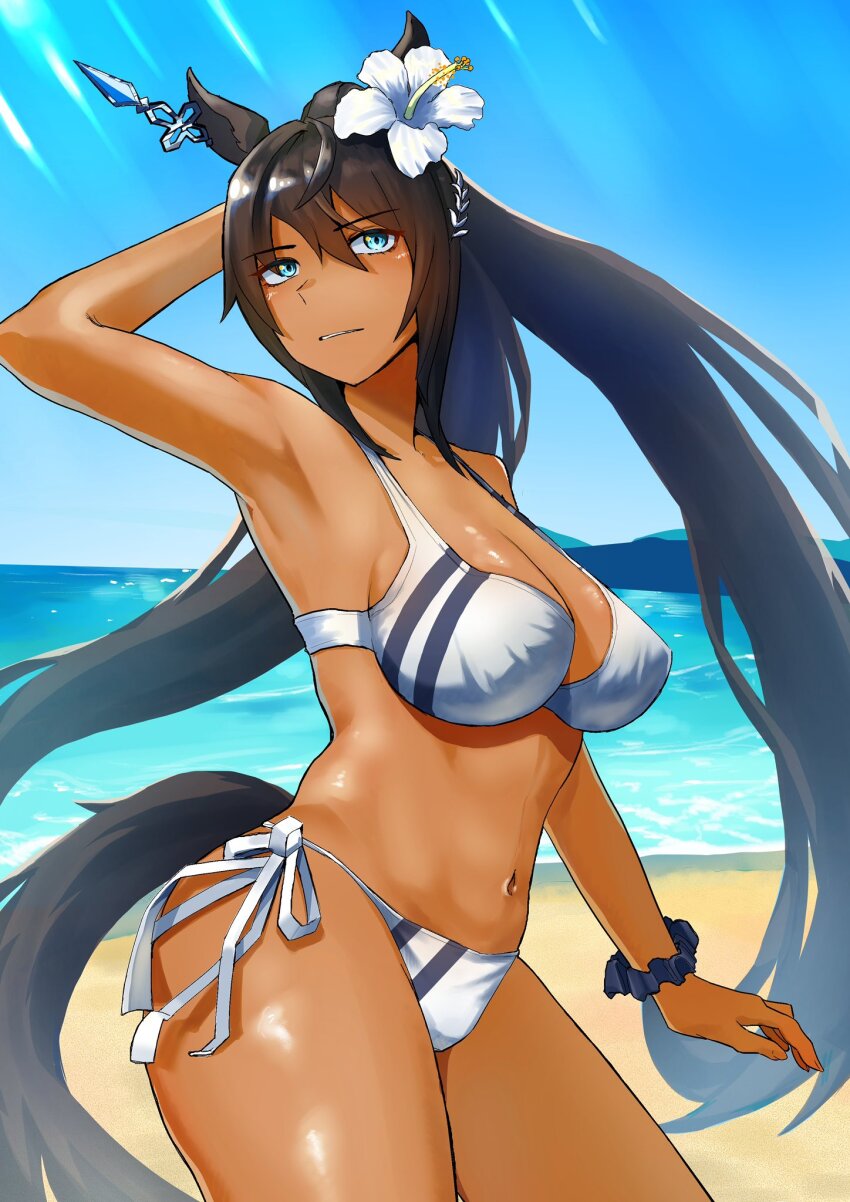 1girl animal_ears arm_behind_head arm_up armpits beach bikini black_hair blue_eyes breasts cowboy_shot dark-skinned_female dark_skin day flower hair_between_eyes hair_flower hair_ornament highres horizon horse_ears horse_girl horse_tail large_breasts long_hair looking_at_viewer navel ocean outdoors parted_lips sand scrunchie shiny_skin solo stomach swimsuit symboli_kris_s_(umamusume) tail torinosu_0403 twintails umamusume very_long_hair water white_flower wrist_scrunchie