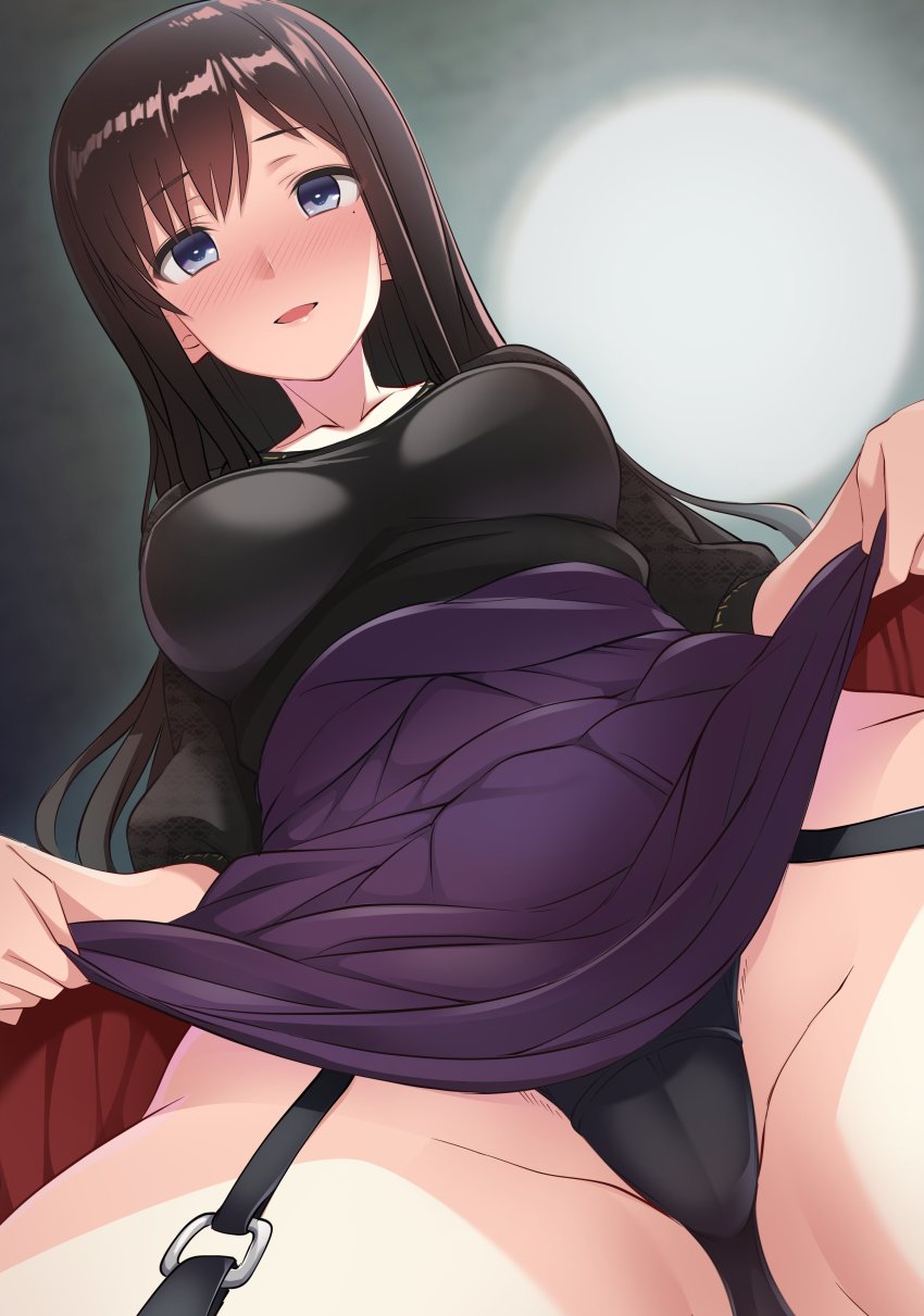 1girl a9b_(louis814) absurdres alice_gear_aegis black_hair black_panties black_shirt blush cameltoe clothes_lift commentary from_below garter_straps high-waist_skirt highres kagome_misaki lifting_own_clothes long_hair long_sleeves looking_at_viewer mole mole_under_eye open_mouth panties purple_eyes purple_skirt shirt skirt skirt_lift smile solo standing underwear upskirt