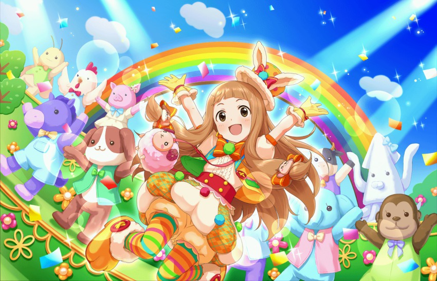 10s 1girl :d animal_costume animal_ears arms_up artist_request bloomers blunt_bangs blush bow bowtie brown_eyes brown_hair bubble_skirt chicken_costume cow_costume dog_costume dress elephant_costume female_focus gloves hair_ribbon hat horse_costume ichihara_nina idolmaster idolmaster_cinderella_girls idolmaster_cinderella_girls_starlight_stage long_hair monkey_costume official_art open_mouth pantyhose paw_shoes pig_costume puffy_sleeves rabbit_ears rainbow ribbon shoes skirt smile solo squid_costume striped_clothes striped_pantyhose stuffed_animal stuffed_sheep stuffed_toy top_hat underwear yellow_gloves