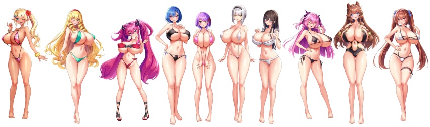 6+girls absurdres akagi_rio anastasia_mysterante areola_slip barefoot bat_hair_ornament bell bikini blonde_hair blue_eyes blue_hair breasts brown_hair collage drill_hair dyzenia_dracour eibel_haurisia elf flower gyaru hair_bell hair_flower hair_ornament headband highres horns huge_breasts kriemhild_valhanna liliera_loveknot lixual_hellmare long_hair looking_at_viewer makina_le_blanchette meena_1919 milk_factory motto!_haramase!_honoo_no_oppai_isekai_oppai_maid_gakuen! multiple_girls myoudou_mei myunmyun_lafleur navel pink_hair pointy_ears purple_eyes purple_hair red_eyes ribbon short_hair shortstack slingshot_swimsuit smile swimsuit twintails yellow_eyes