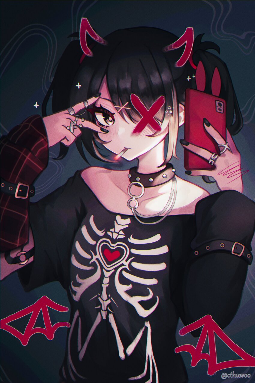 1girl :| absurdres ame-chan_(emo)_(needy_girl_overdose) ame-chan_(needy_girl_overdose) arm_belt arm_garter arm_warmers arms_up black_background black_choker black_eyes black_hair black_nails black_sweater bright_pupils choker cigarette closed_mouth cthuwoo demon_horns drawn_horns drawn_wings hair_ornament hair_over_one_eye highres holding holding_phone horns jewelry looking_at_viewer multiple_rings necklace needy_girl_overdose one_eye_covered phone ring selfie short_twintails skeleton_print smoking solo sparkle sweater taking_picture twintails upper_body v white_pupils x x_hair_ornament