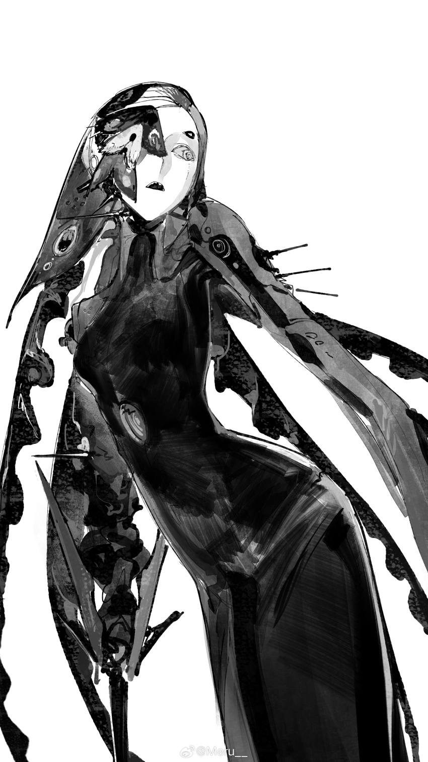 1girl absurdres android breasts bug chinese_commentary commentary cowboy_shot dress exposed_internal_machinery forehead greyscale highres hobble_dress hole_on_body insect long_dress looking_to_the_side mechanical_arms mechanical_hair meru02295238 mismatched_arms monochrome moth one_eye_covered open_mouth original sharp_teeth short_eyebrows sideways_glance simple_background small_breasts solo teeth upper_teeth_only watermark weibo_username weibo_watermark