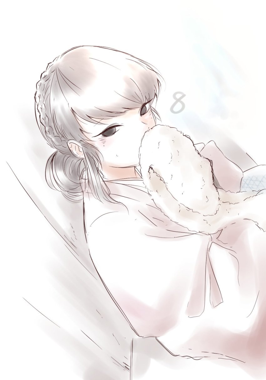 1girl black_eyes black_hair braid covering_face female_focus highres komi-san_wa_komyushou_desu komi_shouko long_hair looking_at_viewer mitsugu smelling solo source_request towel white_background