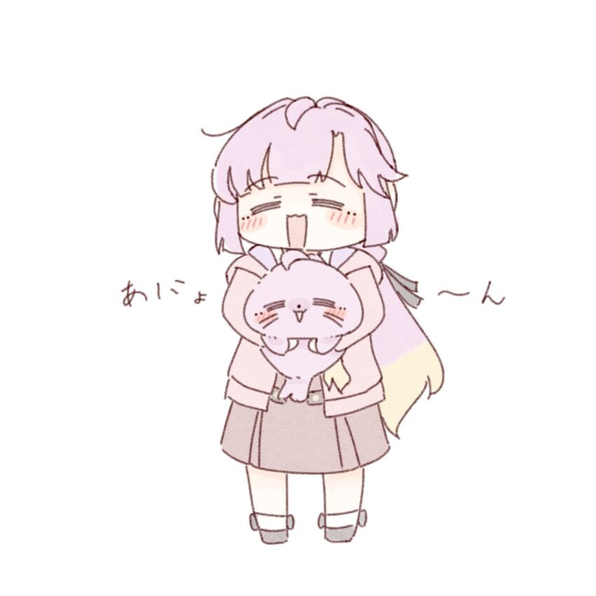 1girl :3 :d =_= ahoge amano_tatsu animal animalization anyoji_hime black_ribbon blonde_hair blunt_bangs blunt_sidelocks blush closed_eyes commentary_request dual_persona facing_viewer gradient_hair hair_ribbon highres holding holding_animal hood hooded_jacket jacket link!_like!_love_live! long_hair love_live! multi-tied_hair multicolored_hair open_clothes open_jacket open_mouth person_and_animalization pink_hair pink_jacket ponytail ribbon seal_(animal) sidelocks smile swept_bangs very_long_hair virtual_youtuber