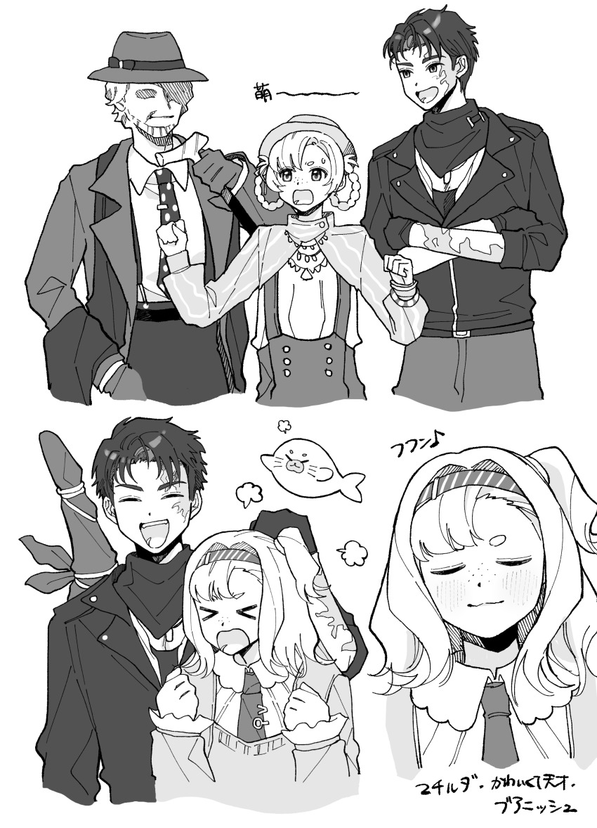 &gt;_&lt; 1girl 2boys :d :o absurdres boater_hat braid braided_hair_rings burn_scar cane clenched_hands collage collared_shirt crossed_arms fedora freckles gloves greyscale hair_rings hairband hand_on_another&#039;s_head hands_up hat highres holding holding_cane j_(reverse:1999) jacket mannequin matilda_bouanich matilda_bouanich_(the_genius&#039;s_holiday) medium_hair monochrome multiple_boys multiple_views neckerchief necktie official_alternate_costume one_side_up open_mouth overall_shorts overalls pioneer_(reverse:1999) puff_of_air reverse:1999 rikini_sushi scar scar_on_face scarf seal_(animal) shirt short_hair shrug_(clothing) smile suit_jacket sweat sweater upper_body weapon weapon_on_back white_background