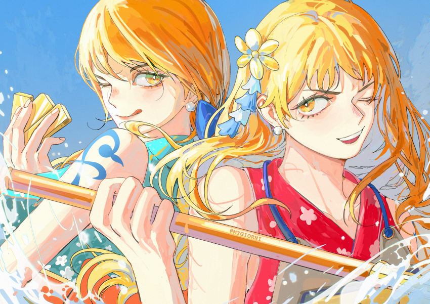 2girls ;q absurdres armor back-to-back bare_shoulders blue_background blue_kimono blue_ribbon clima-tact closed_mouth commentary dual_persona earrings floral_print floral_print_kimono flower hair_flower hair_ornament hair_ribbon highres holding holding_staff japanese_armor japanese_clothes jewelry kimono looking_at_viewer low_ponytail multiple_girls mygiorni nami_(one_piece) nami_(one_piece)_(onigashima) nami_(one_piece)_(wano) official_alternate_costume official_alternate_hairstyle one_eye_closed one_piece open_mouth orange_eyes orange_hair pearl_earrings ponytail print_kimono red_kimono ribbon shoulder_tattoo sleeveless sleeveless_kimono staff tattoo teeth tongue tongue_out twitter_username upper_body upper_teeth_only