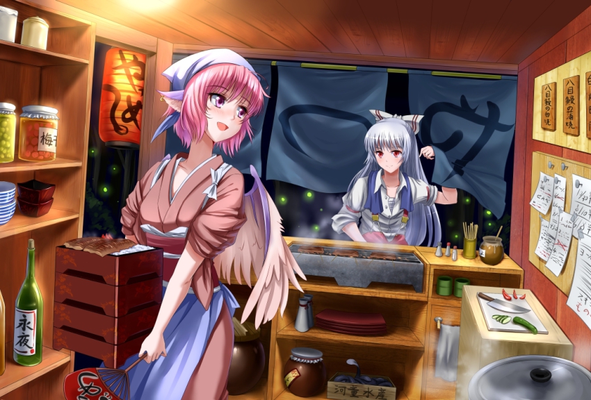 2girls animal_ears blue_headscarf bottle dress_shirt earrings female_focus fujiwara_no_mokou hand_fan head_wings headscarf japanese_clothes jewelry long_hair multiple_girls mystia_lorelei okamisty paper_fan purple_eyes purple_hair red_eyes sarashi shirt short_hair silver_hair suspenders tasuki touhou uchiwa windtalker wings