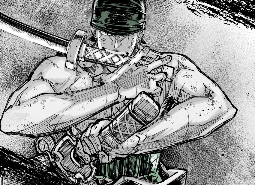 1boy bandana crosshatching earrings green_bandana hatching_(texture) highres holding holding_sword holding_weapon jewelry male_focus muscular muscular_male one_piece partially_colored roronoa_zoro scar scar_across_eye scar_on_face short_hair simple_background solo sword takeuchi_(a3) topless_male weapon