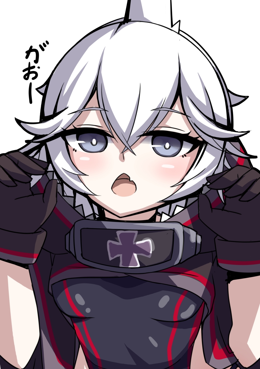 1girl absurdres azur_lane black_gloves black_jacket black_one-piece_swimsuit blush breasts commentary_request cross fang gloves grey_eyes hair_between_eyes hands_up highres hood hood_down hooded_jacket iron_cross jacket looking_at_viewer one-piece_swimsuit open_mouth simple_background siota1998 small_breasts solo swimsuit translation_request u-110_(azur_lane) upper_body white_background white_hair