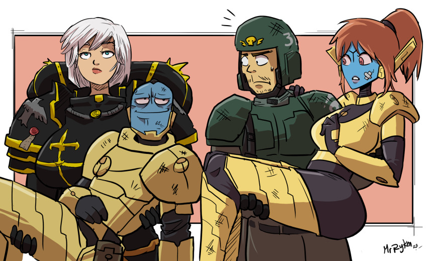 2boys 2girls adepta_sororitas armor astra_militarum bandage_on_face bandages black_hair blue_eyes blue_skin brown_hair carrying colored_skin frown highres mrryken multiple_boys multiple_girls ponytail power_armor princess_carry purity_seal red_hair reverse_princess_carry short_hair smile t&#039;au warhammer_40k white_hair