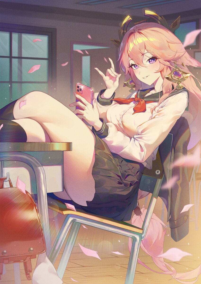 absurdres animal_ears bag black_sailor_collar black_skirt black_socks blurry blush breasts buttons chair classroom crossed_legs desk door earrings eyelashes falling_petals fingernails fox_ears fox_girl fox_shadow_puppet genshin_impact hair_between_eyes hair_intakes hair_ornament happy highres holding holding_phone indoors jewelry kitsune kneehighs large_breasts large_earrings light light_rays long_hair long_sleeves looking_at_viewer low-tied_long_hair metal nail_polish neckerchief ninebell on_chair parted_lips petals phone pink_hair pink_nails pink_petals pleated_skirt purple_eyes red_neckerchief sailor_collar school_bag school_desk school_uniform sidelocks sitting skirt smile socks sunlight teeth thighs window yae_miko