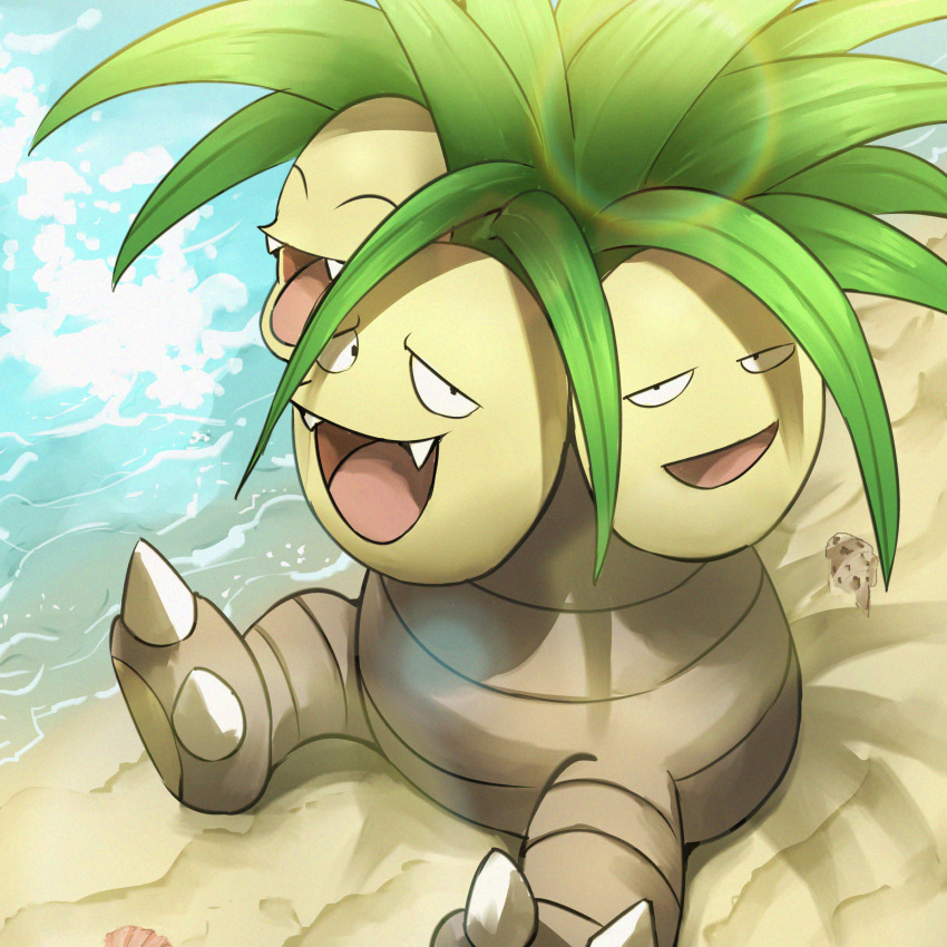 absurdres beach exeggutor fangs gen_1_pokemon highres looking_at_viewer nintendo no_humans open_mouth outdoors pokemon pokemon_(creature) sand sitting solo spicyichizo water