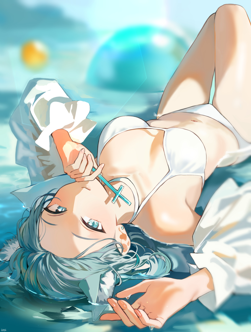 1girl absurdres alternate_costume animal_ear_fluff animal_ears bangs_pinned_back bare_shoulders bikini blue_archive blurry blurry_background blush breasts closed_mouth commentary_request cross earrings extra_ears fingernails forehead grey_hair haze_(ohw8g) highres holding holding_cross jewelry knees_up looking_at_viewer lying lying_on_water medium_breasts mismatched_pupils navel nose_blush ocean on_back shiroko_(blue_archive) short_hair solo stud_earrings swimsuit thighs upside-down wet white_bikini wolf_ears wolf_girl