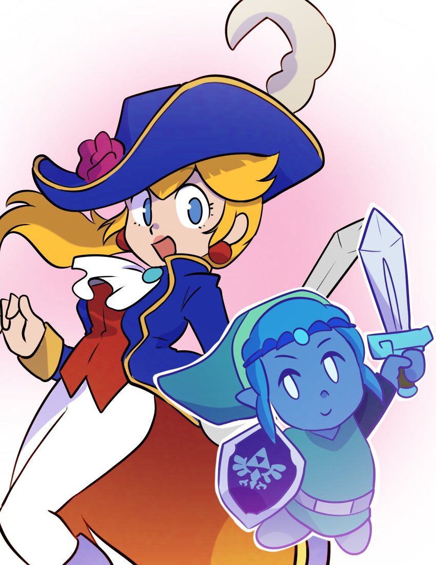 2girls absurdres ascot blonde_hair blue_hat carolinerdraws earrings flower hat hat_feather hat_flower highres holding holding_shield holding_sword holding_weapon jewelry mario_(series) multiple_girls nintendo pants pointy_ears princess_peach princess_peach:_showtime! princess_zelda princess_zelda_(swordfighter) shield sphere_earrings sword swordfighter_peach the_legend_of_zelda the_legend_of_zelda:_echoes_of_wisdom weapon white_ascot white_pants