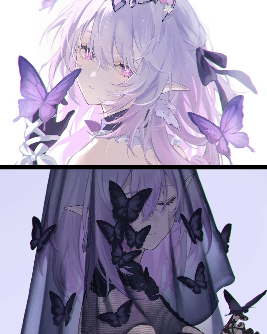 1girl bug butterfly butterfly_on_hand castorice_(honkai:_star_rail) closed_eyes gloves highres honkai:_star_rail honkai_(series) insect long_hair misaki_(mskmmti) multiple_views pointy_ears portrait purple_eyes purple_gloves purple_hair purple_veil see-through_clothes see-through_veil simple_background veil white_background