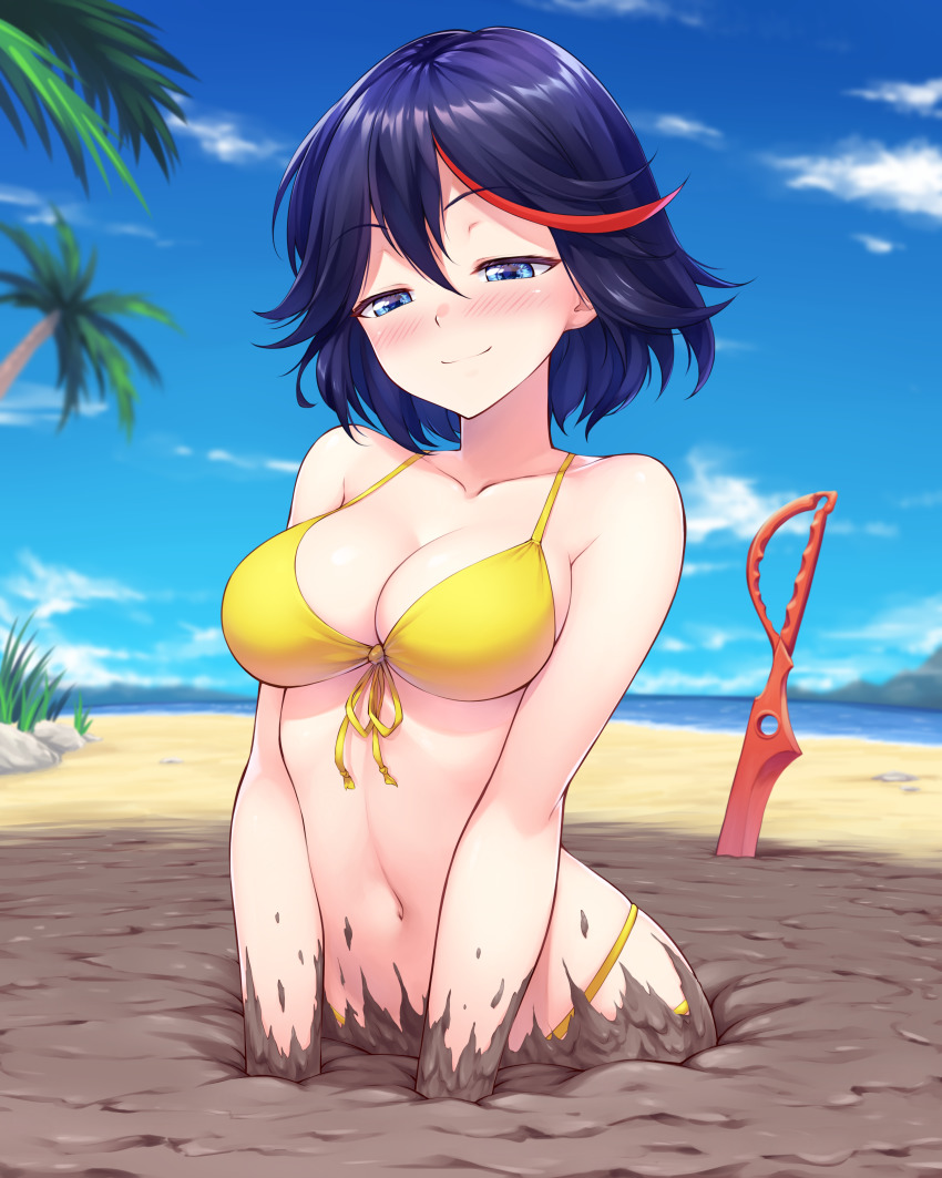 1girl 2020 absurdres beach bikini blue_eyes blue_hair blush breasts eyebrows eyelashes front-tie_bikini_top front-tie_top grass highres ivenglynn kill_la_kill matoi_ryuuko mud multicolored_hair narrowed_eyes navel outdoors palm_tree partially_submerged plant planted quicksand red_hair short_hair sinking smile solo streaked_hair stuck swimsuit sword tree weapon yellow_bikini
