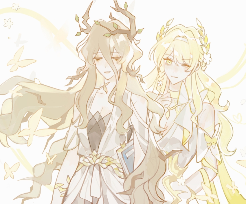 2girls ;) ancient_greek_clothes arms_at_sides blonde_hair book bow braid breasts bright_pupils bug butterfly calypso_(honkai:_star_rail) chinese_commentary choker cleavage clenched_hand closed_eyes clothing_cutout color_coordination commentary_request curly_sidelocks double-parted_bangs floating_hair flower greco-roman_clothes hair_between_eyes hair_flower hair_intakes hair_ornament hairband hand_up highres honkai:_star_rail honkai_(series) insect laurel_crown light_smile long_hair long_hair_between_eyes long_sidelocks mnestia_(honkai:_star_rail) multiple_girls one_eye_closed parted_lips shoulder_cutout side-by-side side_braid sidelocks simple_background smile too_many too_many_butterflies tree_horns u_u upper_body very_long_hair wavy_hair white_background white_bow white_flower white_hairband white_pupils yellow_butterfly yellow_choker yellow_eyes yiwujiu