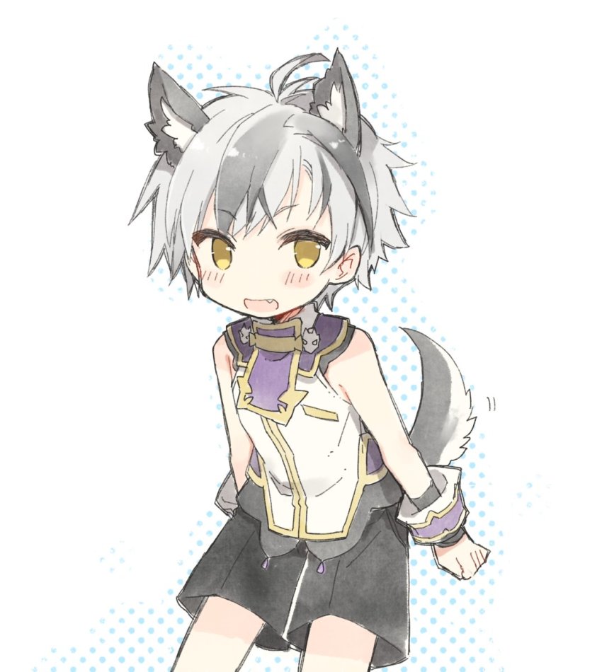 1boy ahoge animal_ears black_hair blush dog_boy dog_ears dog_tail extra_ears fang highres kamiyoshi_rika male_focus multicolored_hair nijisanji open_mouth pop-up_story school_uniform shorts silver_hair smile st._feles_gakuen_uniform streaked_hair summer_uniform suzuki_masaru tail virtual_youtuber yellow_eyes