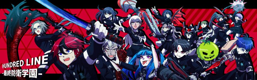 6+girls absurdres ahoge amemiya_darumi aotsuki_eito armband axe baseball_bat black_hair black_pants black_serafuku black_skirt black_streaks blue_eyes blue_hair copyright_name dual_wielding everyone eyeliner facial_mark forehead_mark gakuran ginzaki_shouma glasses gloves grey_hair gun hair_bun highres holding holding_axe holding_baseball_bat holding_flail holding_gun holding_scythe holding_sword holding_weapon hole_in_chest hole_on_body kawana_tsubasa kawati knife last_defense_academy_school_uniform letterboxed long_hair looking_ahead looking_at_viewer magadori_kyoshika makeup maruko_gaku masked mecha mojiro_moko multicolored_hair multiple_boys multiple_girls omokage_yugamu on_mecha oosuzuki_kurara outside_border pants pink_eyes ponytail purple_hair red_background red_eyeliner red_eyes red_hair red_wings rifle robot roots_(hair) scar scar_on_face school_uniform scythe serafuku shizuhara_hiruko short_hair skirt streaked_hair sumino_takumi sword the_hundred_line_-last_defense_academy- tongue tongue_out tsukumo_ima tsukumo_kako twintails weapon white_armband white_gloves wings yakushiji_takemaru yellow_eyes