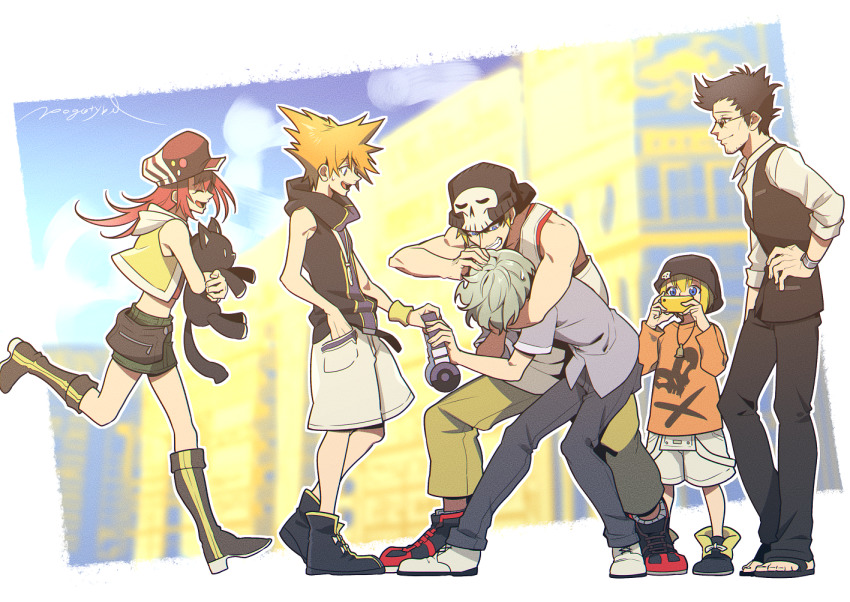 2girls 4boys artist_name bito_daisukenojo bito_raimu black_footwear black_hair black_headwear black_jacket black_pants blonde_hair blue_eyes boots cellphone facial_hair grey_shirt hanekoma_sanae headlock headphones headphones_removed holding holding_stuffed_toy jacket kiryu_yoshiya male_focus midriff misaki_shiki multiple_boys multiple_girls noogie nyantan outdoors pants phone pogatyb pouch sakuraba_neku shirt shoes skullcap sleeveless smile sneakers spiked_hair stubble stuffed_toy subarashiki_kono_sekai sunglasses vest watch white_footwear white_shirt wristwatch