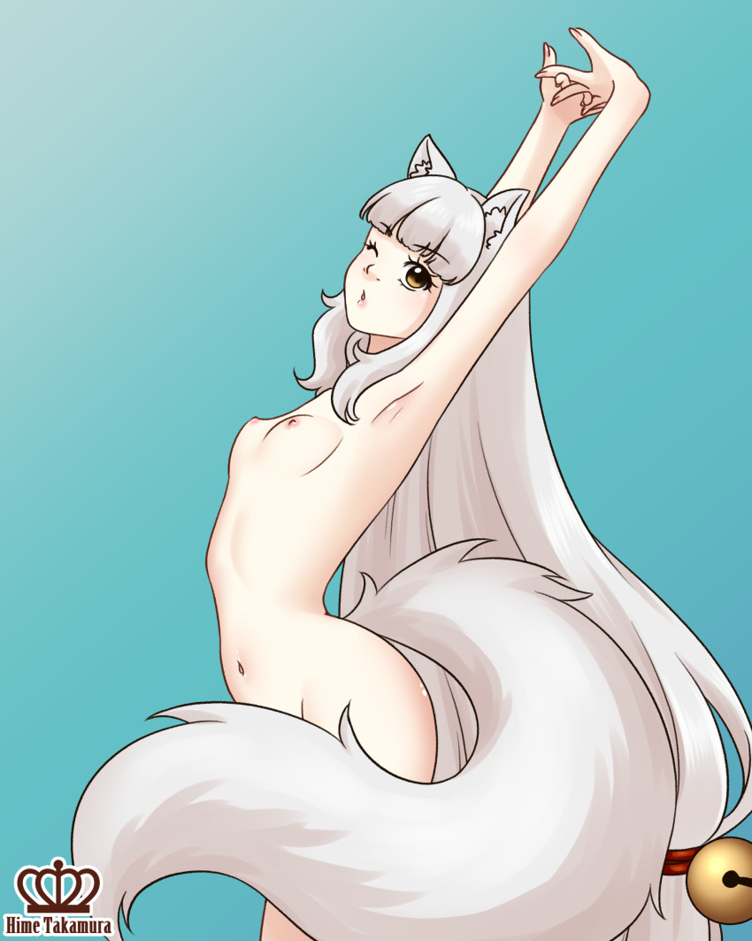 1girl absurdres animal_ear_fluff animal_ears arms_up bell breasts commission commissioner_upload electricity hair_bell hair_ornament highres hime_takamura long_hair navel nipples nude one_eye_closed open_mouth original small_breasts stretching tail tail_censor telna_hado white_hair wink wolf_ears wolf_girl wolf_tail yellow_eyes