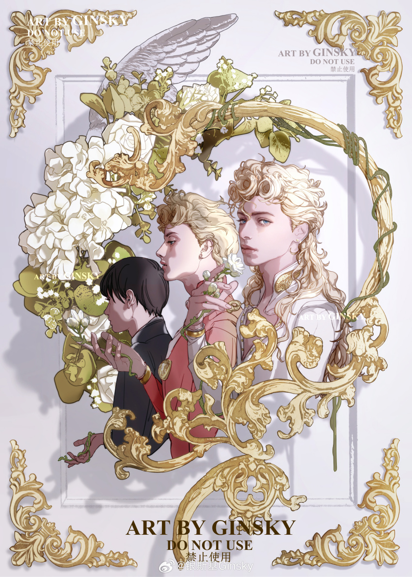 1boy absurdres aged_down angel_wings bishounen black_hair black_jacket blonde_hair blue_eyes braid chinese_commentary commentary_request curly_hair earrings flower ginsky2000 giorno_giovanna haruno_shiobana high_collar highres holding holding_flower jacket jewelry jojo_no_kimyou_na_bouken ladybug_ornament leaf long_hair long_sleeves looking_at_viewer male_focus multiple_persona pink_jacket plant profile shadow upper_body vento_aureo vines watermark weibo_username weibo_watermark white_flower white_jacket wing_ornament wings