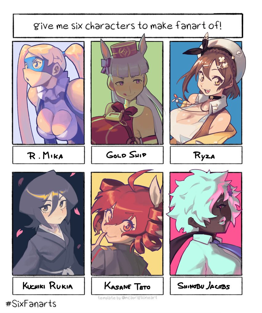6+girls :o absurdres afro animal_ears atelier_(series) atelier_ryza bare_shoulders beret black_hair black_scarf bleach blonde_hair blue_mask bow breasts brown_hair character_name cherry_blossoms cleavage collared_shirt dark-skinned_female dark_skin drill_hair expressionless eye_mask falling_petals finger_to_mouth flower gold_ship_(umamusume) grey_hair grey_jacket hair_between_eyes hair_bow hair_flower hair_ornament hair_over_one_eye half-closed_eyes hat highres horse_ears horse_girl index_finger_raised jacket japanese_clothes kasane_teto kuchiki_rukia large_breasts lipstick long_hair looking_at_viewer looking_to_the_side looking_up makeup multiple_drawing_challenge multiple_girls necktie no_more_heroes parted_lips petals piku184 purple_eyes purple_flower purple_necktie rainbow_mika red_eyes red_hair red_hat reisalin_stout scarf shihakusho shinigami shinobu_jacobs shirt short_hair six_fanarts_challenge smile street_fighter street_fighter_v thick_lips tongue tongue_out twin_drills twintails umamusume utau very_dark_skin white_hair white_hat white_lips white_shirt wrestling_mask wrestling_outfit