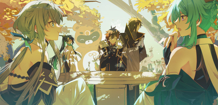 4boys 5girls animal bandaged_arm bandages bird black_gloves black_hair bonanus_(genshin_impact) bosacius_(genshin_impact) brown_hair closed_eyes closed_mouth cloud_retainer_(genshin_impact) cup extra_arms ganyu_(genshin_impact) ganyu_(qilin)_(genshin_impact) genshin_impact glasses gloves green_hair guizhong_(genshin_impact) guoba_(genshin_impact) gurugnsn hair_between_eyes hair_rings highres holding holding_cup indarias_(genshin_impact) long_hair madame_ping_(genshin_impact) menogias_(genshin_impact) moon_carver_(genshin_impact) mountain_shaper_(genshin_impact) multicolored_hair multiple_boys multiple_girls outdoors parted_lips ponytail red_hair sitting stool sweat table tree very_long_hair xianyun_(genshin_impact) xiao_(genshin_impact) zhongli_(genshin_impact)