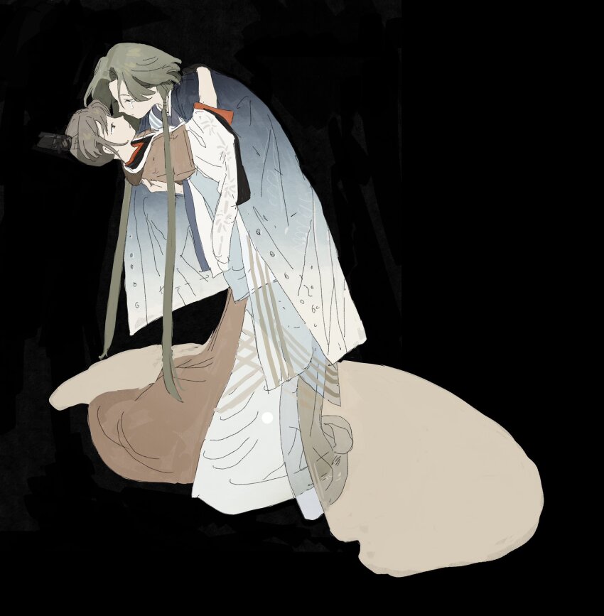 2girls banbi black_background brown_hair chinese_clothes crying full_body green_hair hanfu highres long_hair long_sleeves low_twintails ma_fu multiple_girls original twintails very_long_hair xiao_guan_(headdress) yuri
