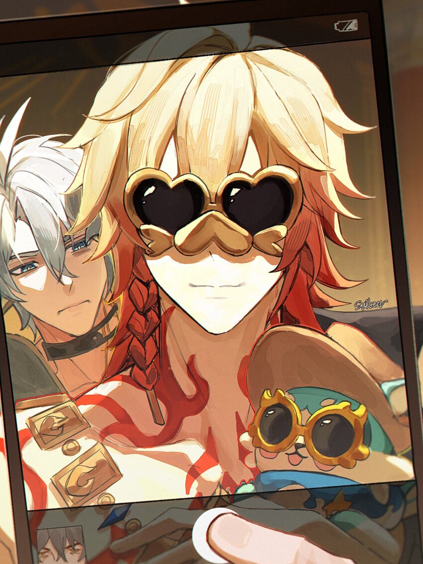 1other 2boys antenna_hair arm_tattoo artist_name black_choker black_coat black_shirt blonde_hair blue_eyes braid bubbles_(honkai:_star_rail) cellphone_photo chest_tattoo chimera_(honkai:_star_rail) choker coat collared_shirt commentary creature earrings english_commentary facial_tattoo gold_earrings gold_necklace gradient_hair hair_between_eyes highres holding holding_creature holding_phone honkai:_star_rail honkai_(series) jewelry male_focus medium_hair moonya multicolored_hair multiple_boys mydei_(honkai:_star_rail) necklace open_clothes open_coat phainon_(honkai:_star_rail) phone red_hair red_tattoo shirt short_hair side_braid sunglasses taking_picture tattoo toned toned_male trailblazer_(honkai:_star_rail) unamused white_hair