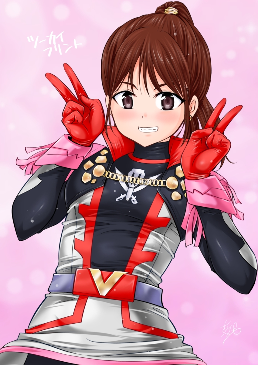 1girl abe_tsukumo bodysuit brown_eyes brown_hair flint_goldtsuiker helmetless highres kikai_sentai_zenkaiger smile super_sentai