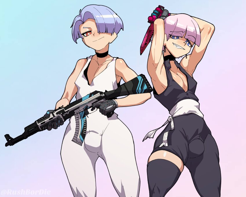 2boys absurdres ak-47 armpits assault_rifle black_bodysuit blue_background blue_eyes blue_hair blunt_bangs bodysuit bright_pupils bulge closed_mouth commentary counter-strike_(series) counter-strike_2 cowboy_shot dagger english_commentary gloves gradient_background grey_gloves grin gun hair_over_one_eye highres holding holding_dagger holding_gun holding_knife holding_weapon hugo_(rushbordie) kalashnikov_rifle knife looking_at_viewer male_focus multiple_boys orange_eyes panty_&amp;_stocking_with_garterbelt parted_bangs pink_background pink_gloves pink_hair polyester_(psg) polyurethane_(psg) rifle short_hair smile weapon white_bodysuit white_pupils