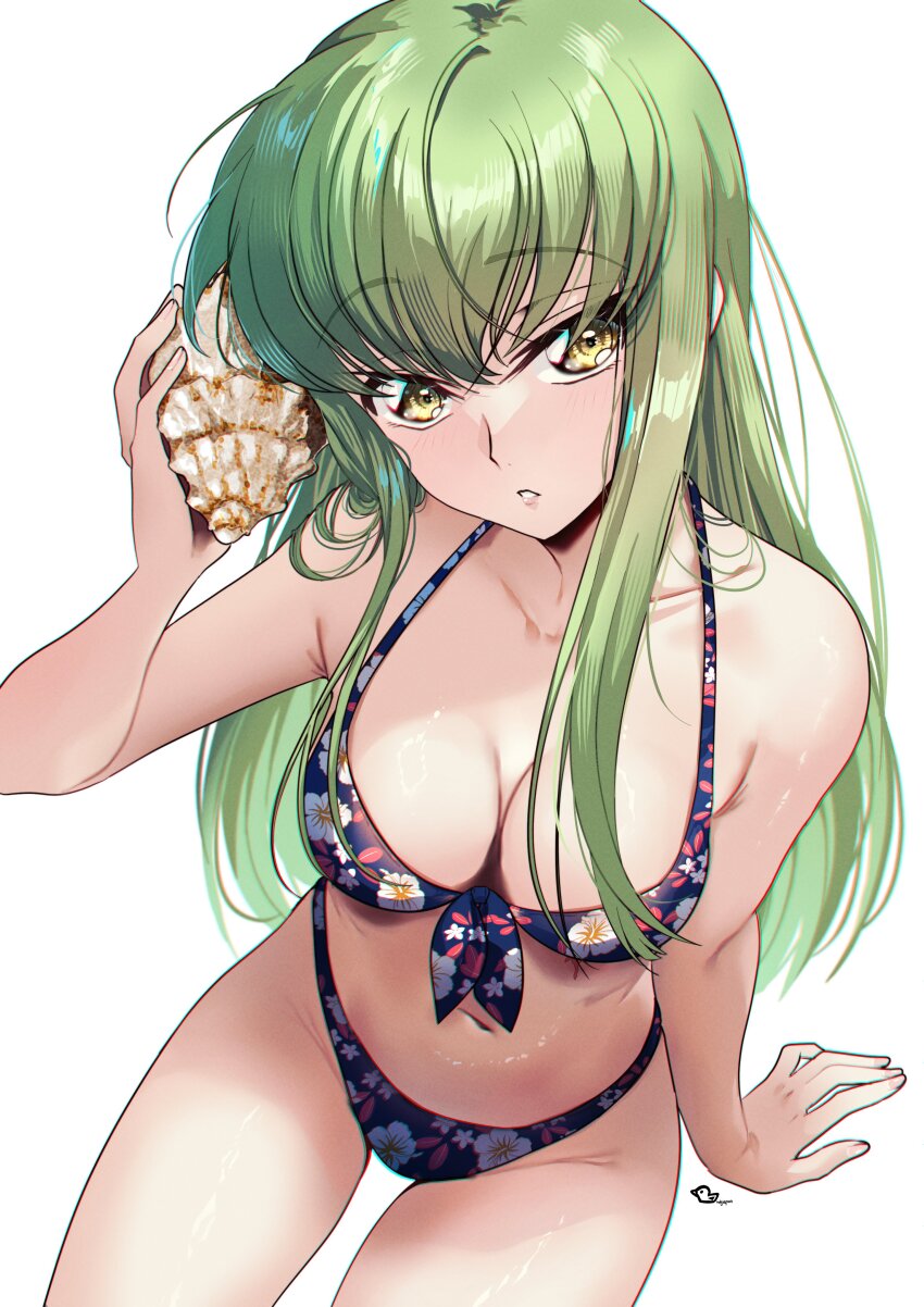 1girl absurdres arm_support bikini breasts budgiepon c.c. cleavage code_geass collarbone floral_print floral_print_bikini green_hair highres holding holding_shell long_hair looking_at_viewer medium_breasts navel parted_lips print_bikini seashell shell simple_background solo stomach swimsuit very_long_hair white_background yellow_eyes