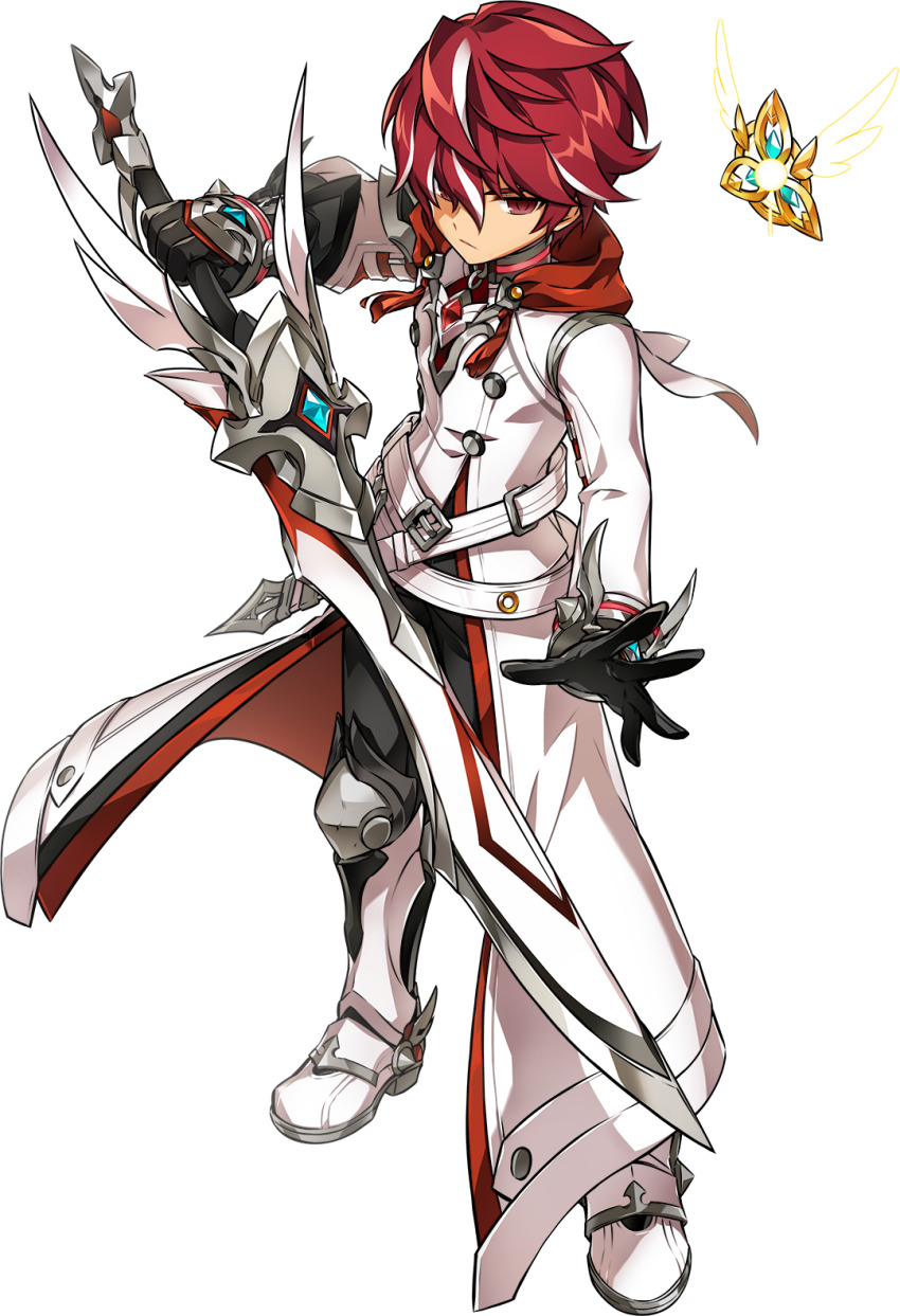 1boy armored_boots belt belt_buckle black_gloves black_pants boots buckle buttons chest_jewel closed_mouth coat crossed_belts determined diamond_(gemstone) elsword elsword_(character) frown full_body game_cg gauntlets gem gloves grey_shirt hair_between_eyes highres holding holding_sword holding_weapon hood hood_down hooded_coat hwansang knee_boots knee_pads legs_apart long_sleeves long_sword looking_at_viewer male_focus multicolored_hair official_art outstretched_hand pants red_eyes red_gemstone red_hair red_hood second-party_source shirt short_hair sleeve_cuffs solo standing streaked_hair sword tachi-e tassel transparent_background turtleneck turtleneck_shirt weapon white_belt white_boots white_coat white_hair
