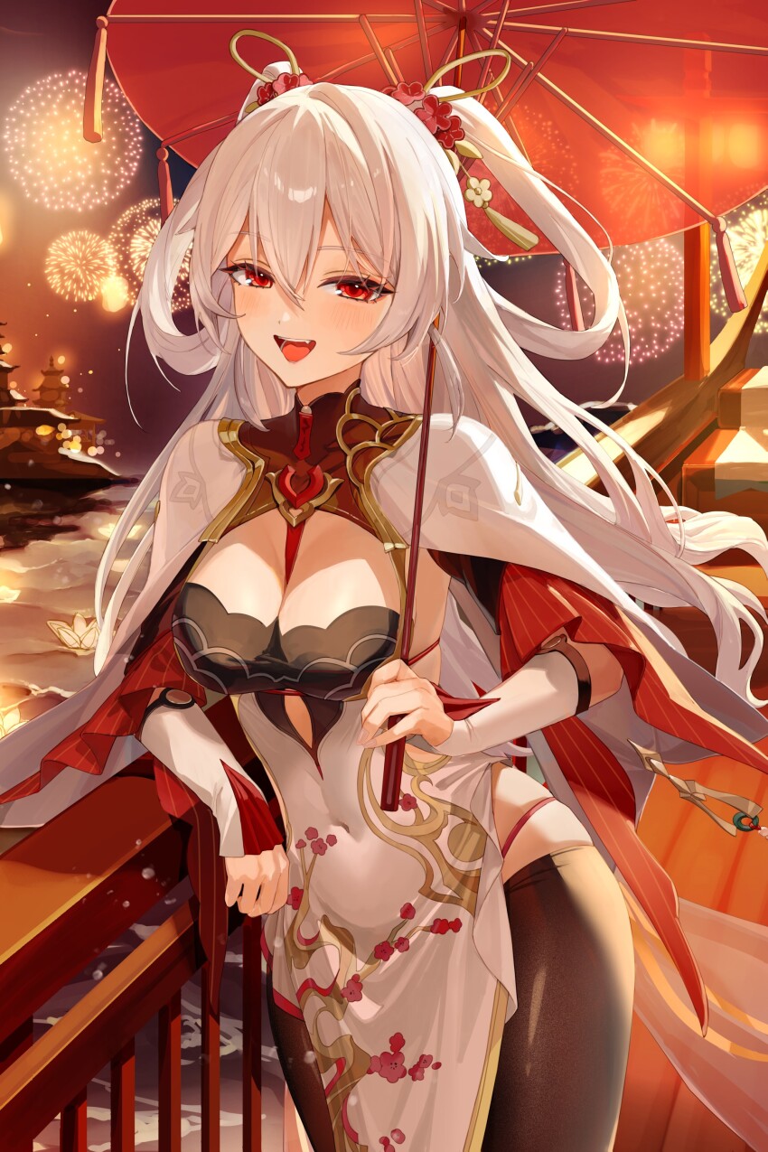 1girl absurdres aerial_fireworks architecture black_pantyhose breasts china_dress chinese_clothes cleavage coat commentary_request dress east_asian_architecture fireworks highres holding holding_umbrella honkai_(series) honkai_impact_3rd large_breasts long_hair night night_sky official_alternate_costume open_mouth panties panty_straps pantyhose red_eyes red_panties roena second-party_source sky smile solo theresa_apocalypse theresa_apocalypse_(luna_kindred) theresa_apocalypse_(lunar_vow:_crimson_love) theresa_apocalypse_(redolent_in_red) umbrella underwear very_long_hair white_coat white_dress white_hair