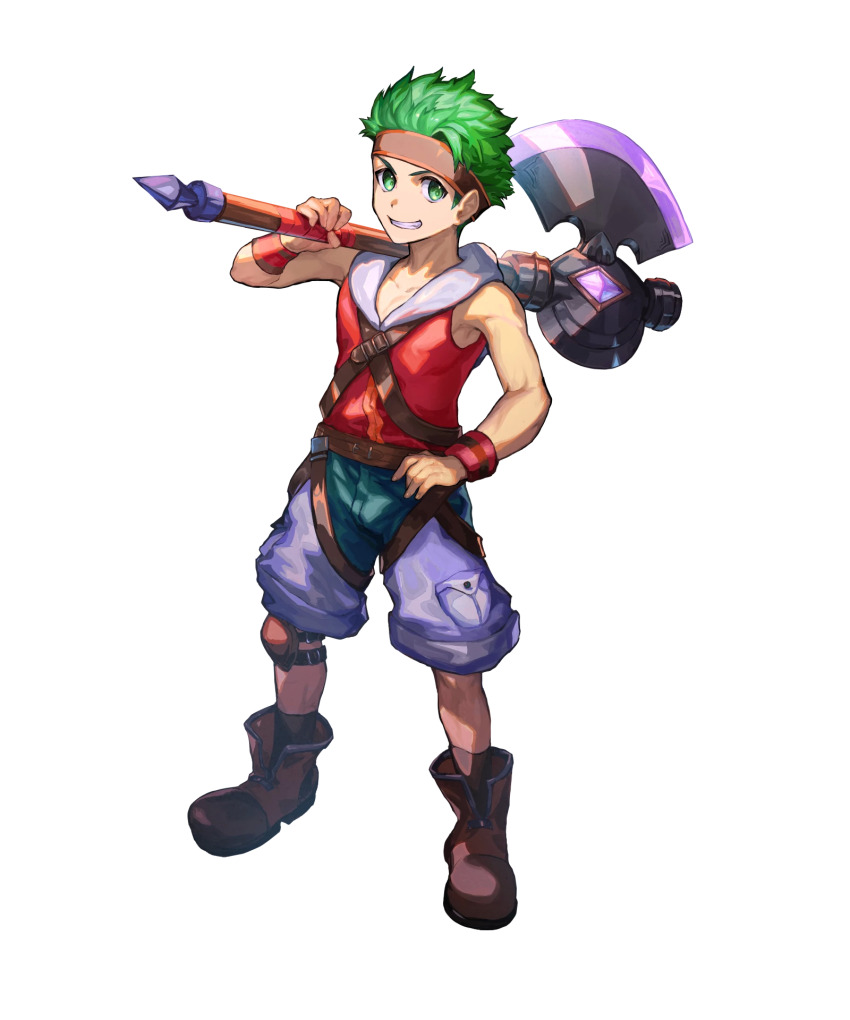 1boy aged_down axe boyd_(fire_emblem) boyd_(future_great)_(fire_emblem) child fire_emblem fire_emblem:_path_of_radiance fire_emblem_heroes full_body green_eyes green_hair headband highres holding holding_axe holding_weapon hood hoodie knee_pads looking_at_viewer male_focus nijimaarc nintendo non-web_source official_art short_hair single_knee_pad sleeveless sleeveless_hoodie smile solo transparent_background weapon