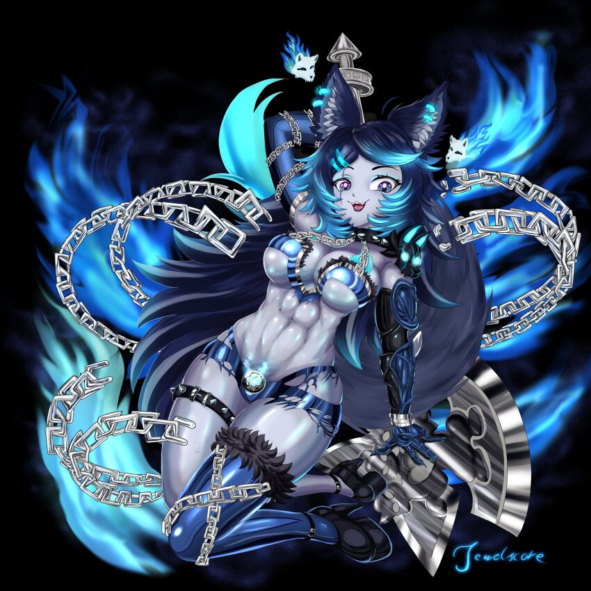 1girl abs absurdres animal_ear_fluff animal_ears battleaxe blue_eyes blue_fire blue_hair blue_skin breasts chain chain_around_arm choker collar colored_skin fire fur-trimmed_thighhighs fur_trim hair_ornament high_heels highres indie_virtual_youtuber large_breasts scar scar_across_eye scar_on_face shorts shoulder_pads skull_hair_ornament solo spite_(vtuber) spite_(vtuber)_(1st_costume) tail thick_thighs thighhighs thighs torn_clothes torn_shorts virtual_youtuber wolf_ears wolf_girl wolf_tail