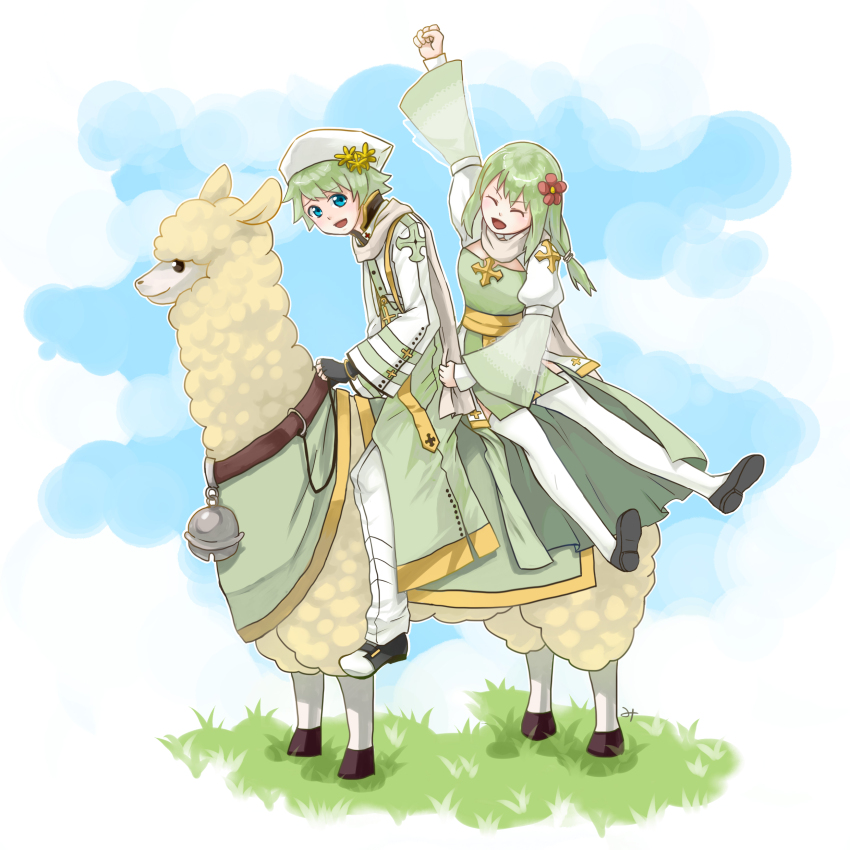 1boy 1girl :d absurdres alpaca alternate_color arch_bishop_(ragnarok_online) arm_up black_gloves black_shoes blue_eyes chinese_commentary cleavage_cutout clenched_hand closed_eyes clothing_cutout coat commentary_request cropped_jacket cross dress fingerless_gloves flower full_body gloves grass green_coat green_dress green_hair h.suiso hair_flower hair_ornament highres jacket juliet_sleeves long_hair long_sleeves looking_at_viewer open_mouth pants puffy_sleeves ragnarok_online red_flower reins riding saddle sash shoes short_hair smile thighhighs two-tone_dress white_dress white_jacket white_pants white_thighhighs yellow_sash