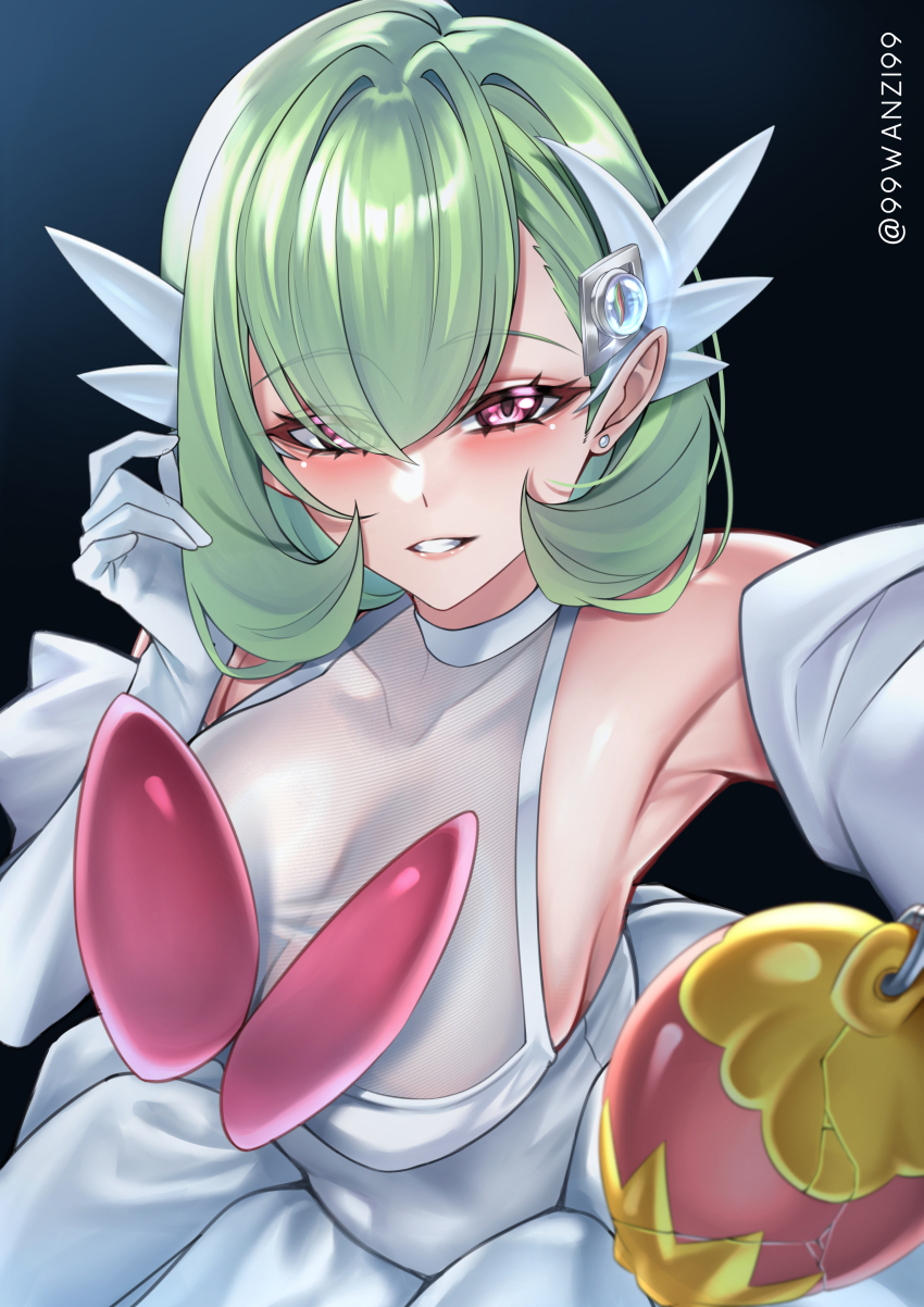 1girl arm_up armpits artist_name bare_shoulders blue_background blurry blurry_foreground blush bob_cut breasts charm_(object) collarbone covered_navel crack dress earrings elbow_gloves eyes_visible_through_hair female_focus gardevoir gen_3_pokemon gloves green_hair grin hair_ornament hairclip half-closed_eyes hand_up happy humanization jewelry large_breasts looking_at_viewer mega_gardevoir mega_pokemon mega_stone nintendo outstretched_arm pokemon pokemon_(anime) poketoon red_eyes see-through_clothes see-through_dress selfie short_hair sidelocks simple_background sleeveless sleeveless_dress smile solo standing stud_earrings teeth twitter_username upper_body wanzi_(99wanzi99) watermark white_dress white_gloves