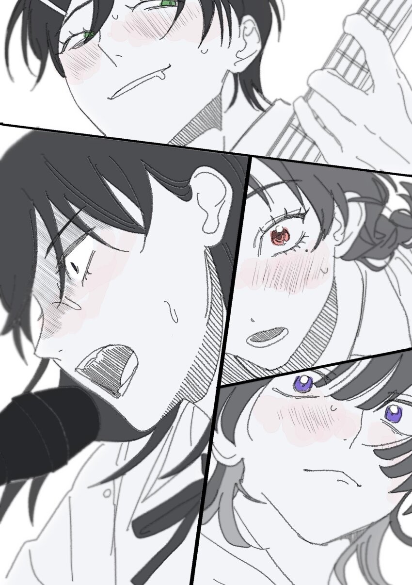 4girls :o bass_guitar black_eyes blush braid close-up commentary_request drooling fujii_ayame futsuu_no_keion-bu genkakubanzai green_eyes greyscale hatono_chihiro heartbreak_(futsuu_no_keion-bu) highres instrument kouyama_rin microphone mole mole_under_eye monochrome mouth_drool multiple_girls music open_mouth orange_eyes playing_bass_guitar playing_instrument portrait purple_eyes short_hair simple_background singing spot_color teeth uchida_momo white_background wide-eyed