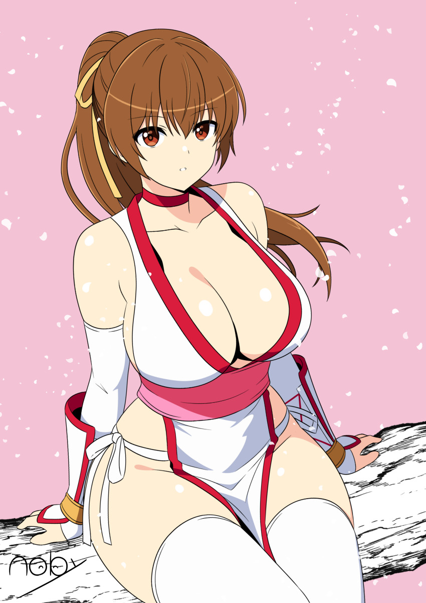 1girl absurdres artist_name breasts brown_eyes brown_hair choker cleavage collarbone dead_or_alive elbow_gloves falling_petals female_focus gloves hair_ribbon highres in_tree japanese_clothes kasumi_(doa) kimono large_breasts long_hair looking_at_viewer matching_hair/eyes ninja noby panties parted_lips pelvic_curtain petals pink_background pink_sash ponytail red_choker revealing_clothes ribbon sash side-tie_panties signature simple_background sitting sitting_in_tree solo team_ninja tecmo teeth thighhighs thighs tree underwear white_kimono white_panties white_thighhighs wide_hips yellow_ribbon