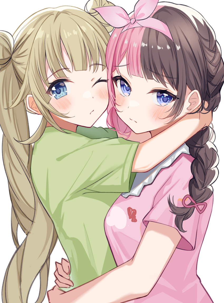 2girls absurdres blue_eyes blunt_bangs blush braid brown_hair cattleya_regina_games double_bun green_hair green_shirt hair_bun hairband hanabusa_lisa highres hug iris_black_games multicolored_hair multiple_girls one_eye_closed parted_bangs pink_hair pink_shirt shirt simple_background split-color_hair t-shirt tachibana_hinano tihayasan-ktkr twin_braids twintails two-tone_hair upper_body virtual_youtuber vspo! white_background