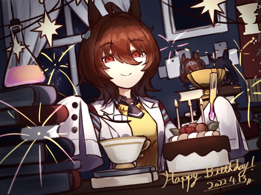 1girl agnes_tachyon_(umamusume) animal_ears black_necktie black_shirt brown_hair cake candle chemical_structure closed_mouth coat collared_shirt cropped cup dated ear_ornament earrings erlenmeyer_flask fire flask flower food fruit hair_between_eyes happy_birthday highres holding holding_cup holding_test_tube horse_ears horse_girl jewelry lab_coat looking_at_viewer necktie open_clothes open_coat pink_flower red_eyes shirt short_hair short_necktie single_earring smile solo strawberry sumikaracafe sweater test_tube umamusume white_coat yellow_sweater