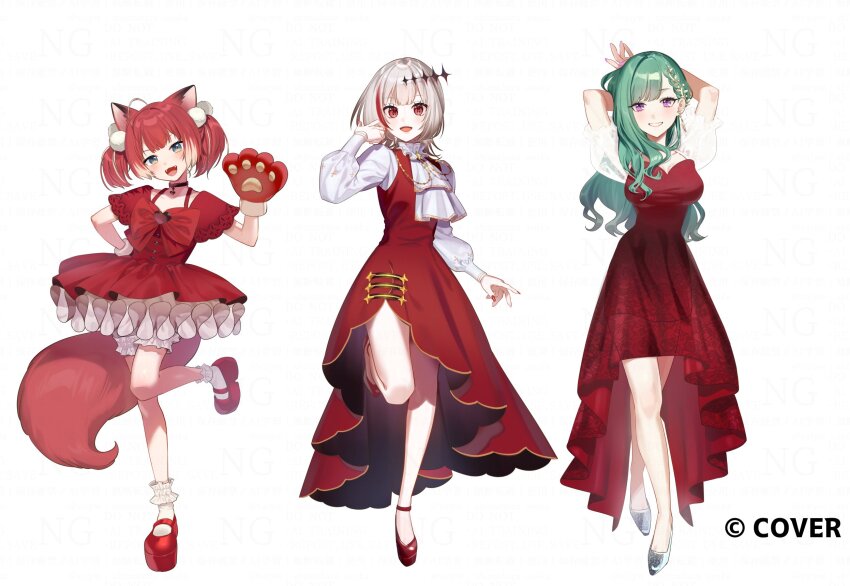 3girls :d ahoge akami_karubi alternate_costume animal_ears animal_hands arms_behind_head arms_up ascot black_choker blue_eyes bow cat_ears cat_girl chest_bow choker commentary_request copyright_notice crazy_raccoon crosshair_pupils dress dtto. earrings fangs frilled_socks frilled_thigh_strap frills gloves green_hair grey_hair grey_shoes hair_ornament hand_on_own_hip hand_up high-low_dress highres jewelry large_bow long_hair long_sleeves looking_at_viewer multicolored_hair multiple_girls nail_polish official_art open_mouth paw_gloves pendant_choker pinafore_dress pom_pom_(clothes) pom_pom_hair_ornament puffy_long_sleeves puffy_short_sleeves puffy_sleeves purple_eyes purple_nails red_dress red_eyes red_gloves red_hair red_nails red_shoes reject_(esports) see-through_clothes see-through_sleeves shirt shoes short_dress short_sleeves simple_background sleeveless sleeveless_dress smile socks standing standing_on_one_leg strappy_heels streaked_hair swept_bangs thigh_strap twintails virtual_youtuber vspo! white_ascot white_background white_shirt white_socks yakumo_beni yokujitsu