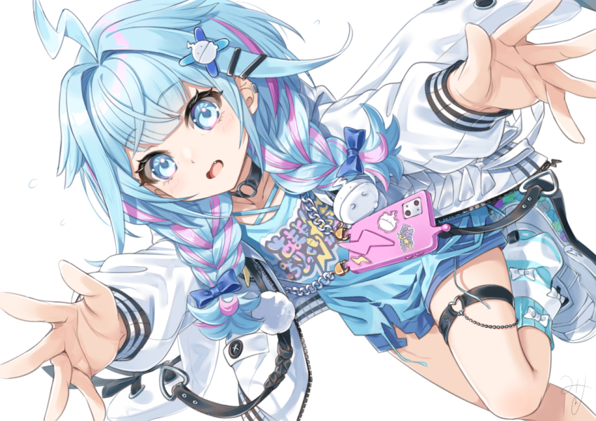 1girl ahoge blue_bow blue_eyes blue_hair blue_shirt blue_shorts bow braid cellphone chain collarbone commentary_request fang hair_bow hair_intakes hair_ornament hair_over_shoulder hairclip hololive hololive_dev_is jacket long_hair long_sleeves looking_at_viewer loose_socks low_twintails miri_(ago550421) mizumiya_su multicolored_hair open_clothes open_jacket open_mouth phone pink_hair puffy_long_sleeves puffy_sleeves shirt shoes shorts simple_background socks solo standing standing_on_one_leg streaked_hair striped_clothes striped_socks twin_braids twintails virtual_youtuber white_background white_bow white_jacket white_shoes x_hair_ornament