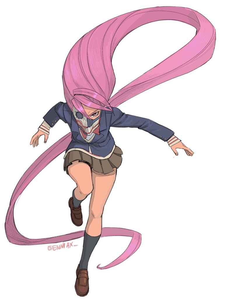 1girl absurdly_long_hair alternate_form artist_name black_socks blue_jacket bow bowtie brown_footwear commentary dandadan english_commentary full_body genniax highres jacket kneehighs long_hair long_sleeves looking_at_viewer mask miniskirt mouth_mask pink_hair pleated_skirt red_bow red_bowtie school_uniform shiratori_aira_(dandadan) simple_background skirt socks solo standing standing_on_one_leg very_long_hair white_background