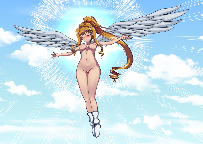 1girl absurdres angel_wings blonde_hair breasts cleft_of_venus cyber_(cyber_knight) henshin highres kaitou_jeanne kamikaze_kaitou_jeanne kusakabe_maron legs loose_socks medium_breasts nude ponytail pussy socks wings
