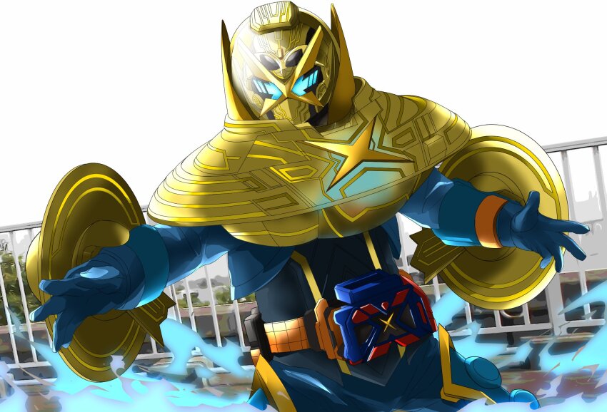 1boy alternate_costume alternate_eye_color armor blue_bodysuit blue_eyes bodysuit clenched_hands cross_ufox rider_belt gauntlets gotcha_driver highres kamen_rider kamen_rider_gotchard kamen_rider_gotchard_(series) male_focus miyabi_(037) official_alternate_costume official_alternate_eye_color open_hands outdoors outstretched_arms rider_belt scarf science_fiction space spread_arms spread_legs thighs tokusatsu translucent ufo x_mark yellow_armor